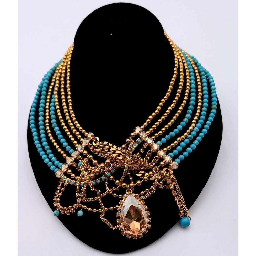 Leetal Kalmanson Turquoise Gold Tone Multi Strand Crystal Statement Necklace